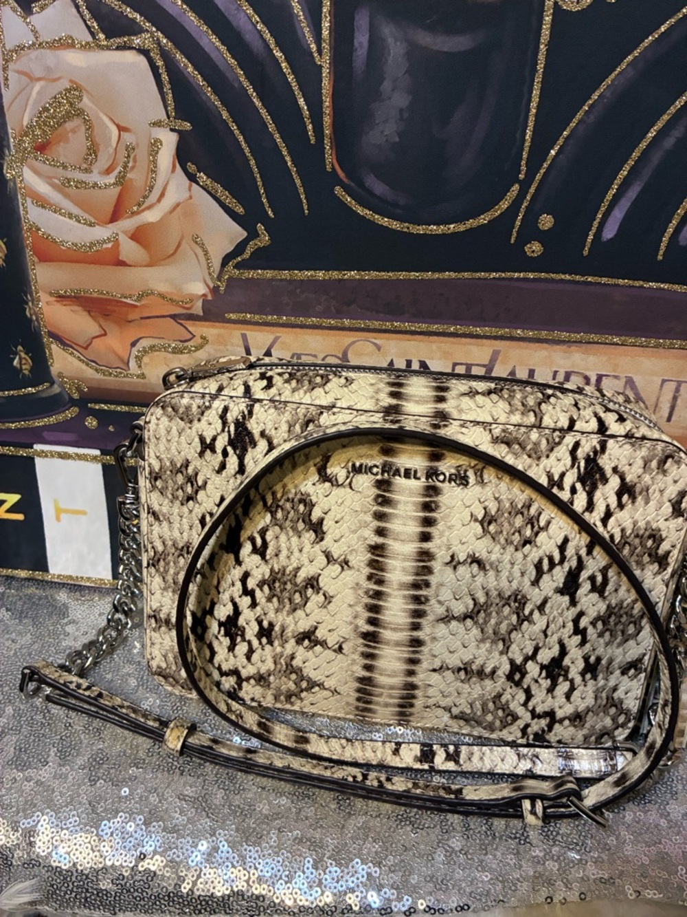 Michael Kors Beige and Brown Snake-Print Crossbody Bag - Picture 9 of 9